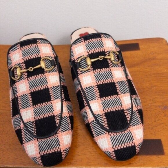 NIB Gucci Princetown Bit Logo Loafer 36 Fancy Tweed Damier Black Pink Mule Slide - Picture 8 of 14